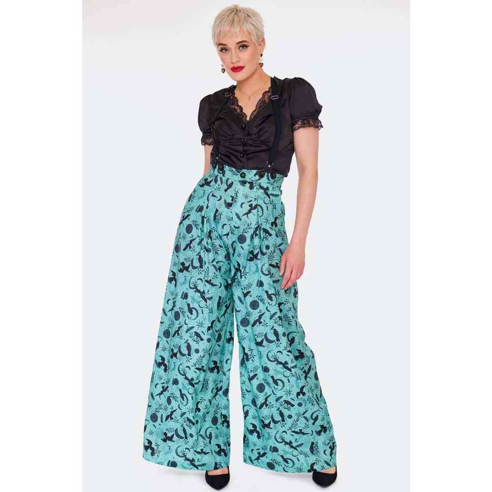 Voodoo Vixen - Crow Print Weite Hose - Blau